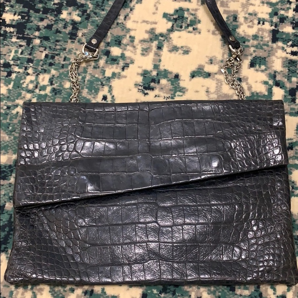 Zara Style Navy Faux Leather Croc Embossed Convertible Clutch Shoulder Purse